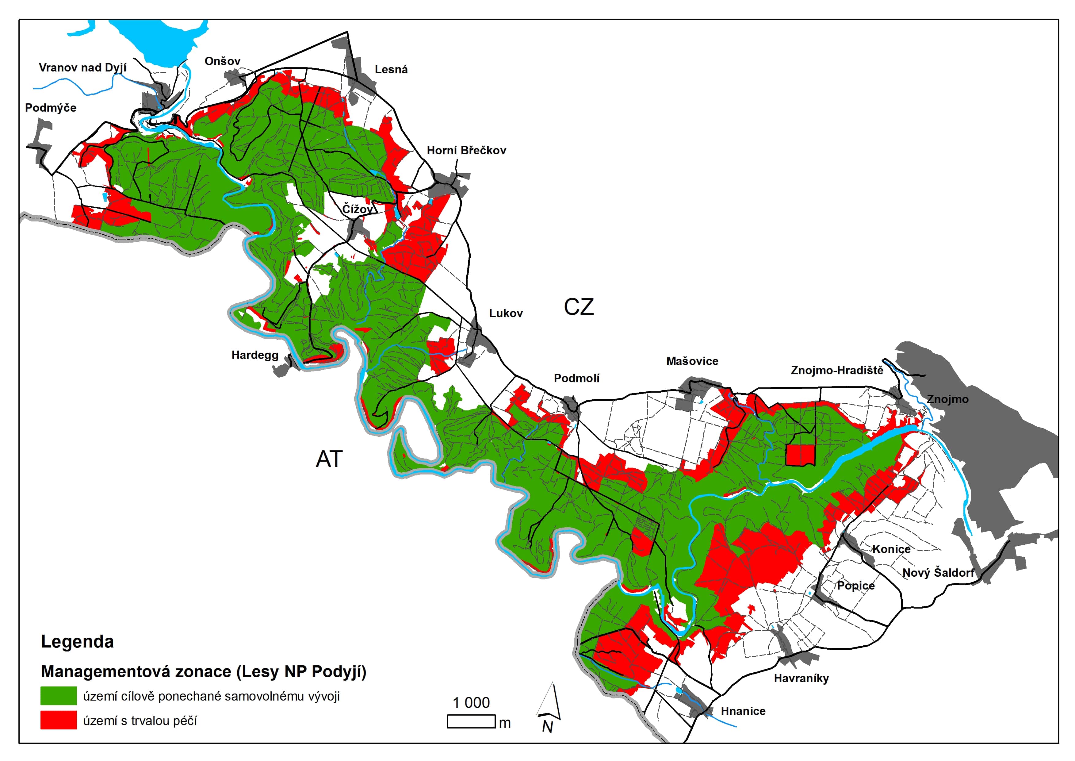 Rozdělení území NP z hlediska péče o biotopy. Zeleně vyznačené území je určeno pro samovolný vývoj, na území vyznačeném červeně jsou lesní porosty, v nichž bude sukcese blokována s cílem udržení biotopů závislých na péči člověka.