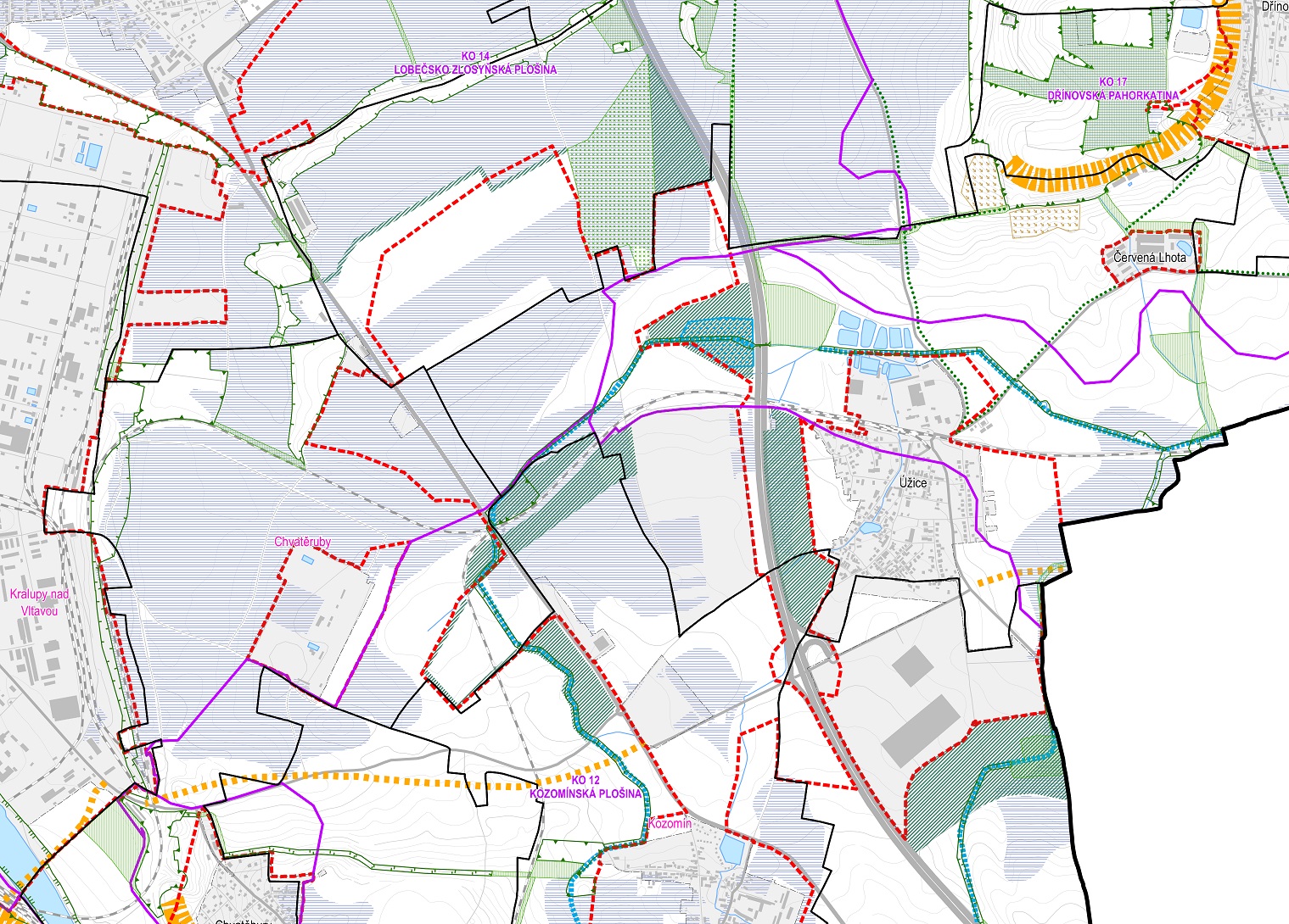 Obr. 3: Výřez hlavního výkresu územní studie krajiny správního obvodu ORP Kralupy nad Vltavou, kde jsou vyznačeny požadované plochy zeleně v intenzivně zastavěném území logistických center.