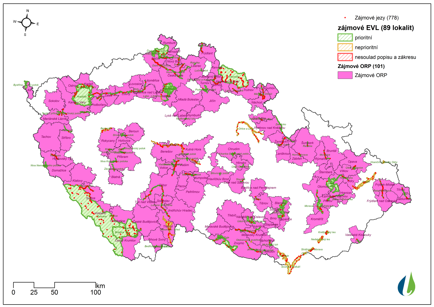 Mapa zájmových lokalit pro založení databáze nakládání s vodami. Repro Beleco, z.s.