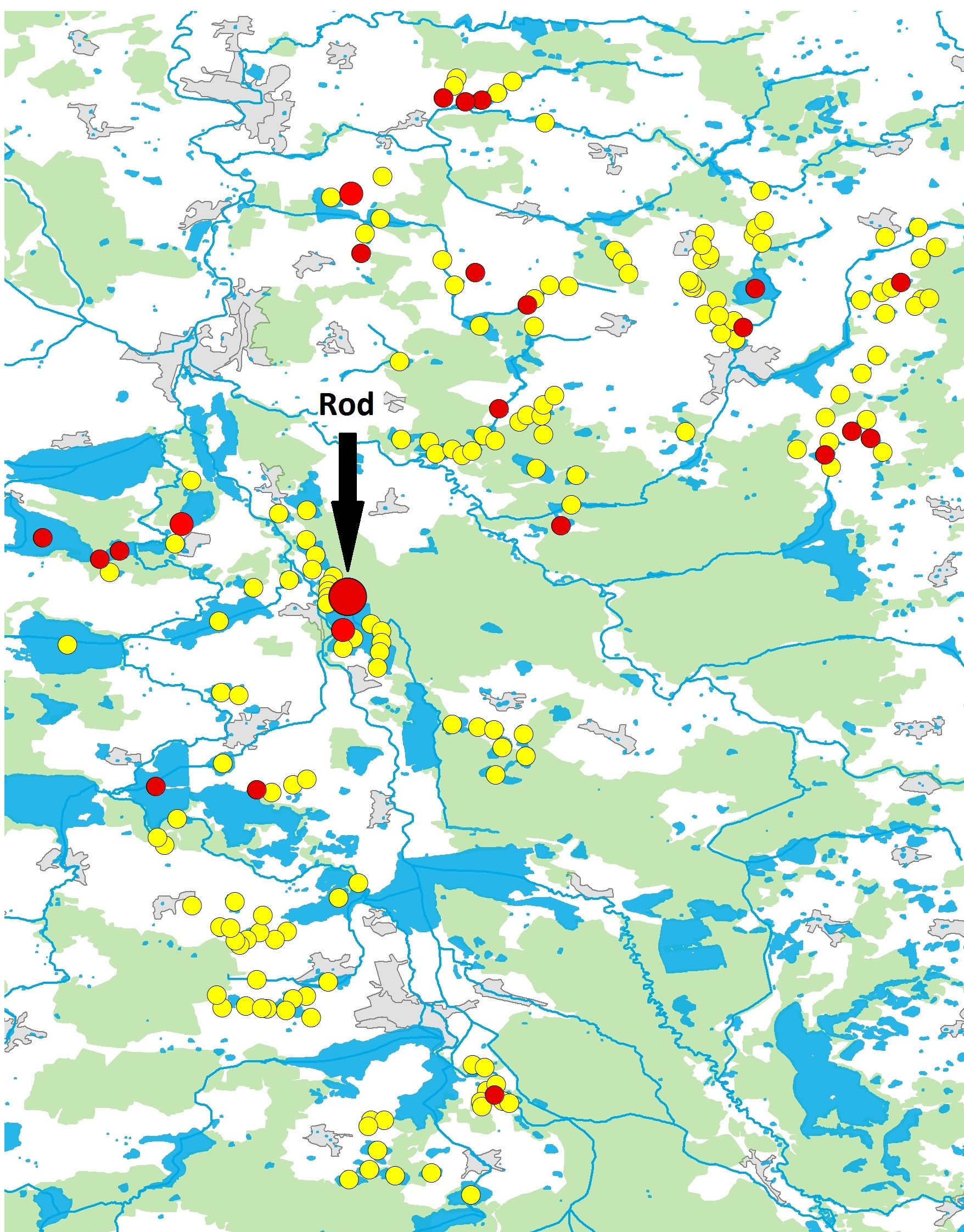 Obr. 4 Mapa Třeboňska se žlutě vyznačenými rybníky, na nichž byl prováděn Monitoring vodních ptáků v hnízdních sezónách 2014 a 2015. Červeně jsou zaznamenány samice poláka chocholačky, vodící mláďata (rodinky), které byly zjištěny na 24 rybnících (celkově 69 rodinek).