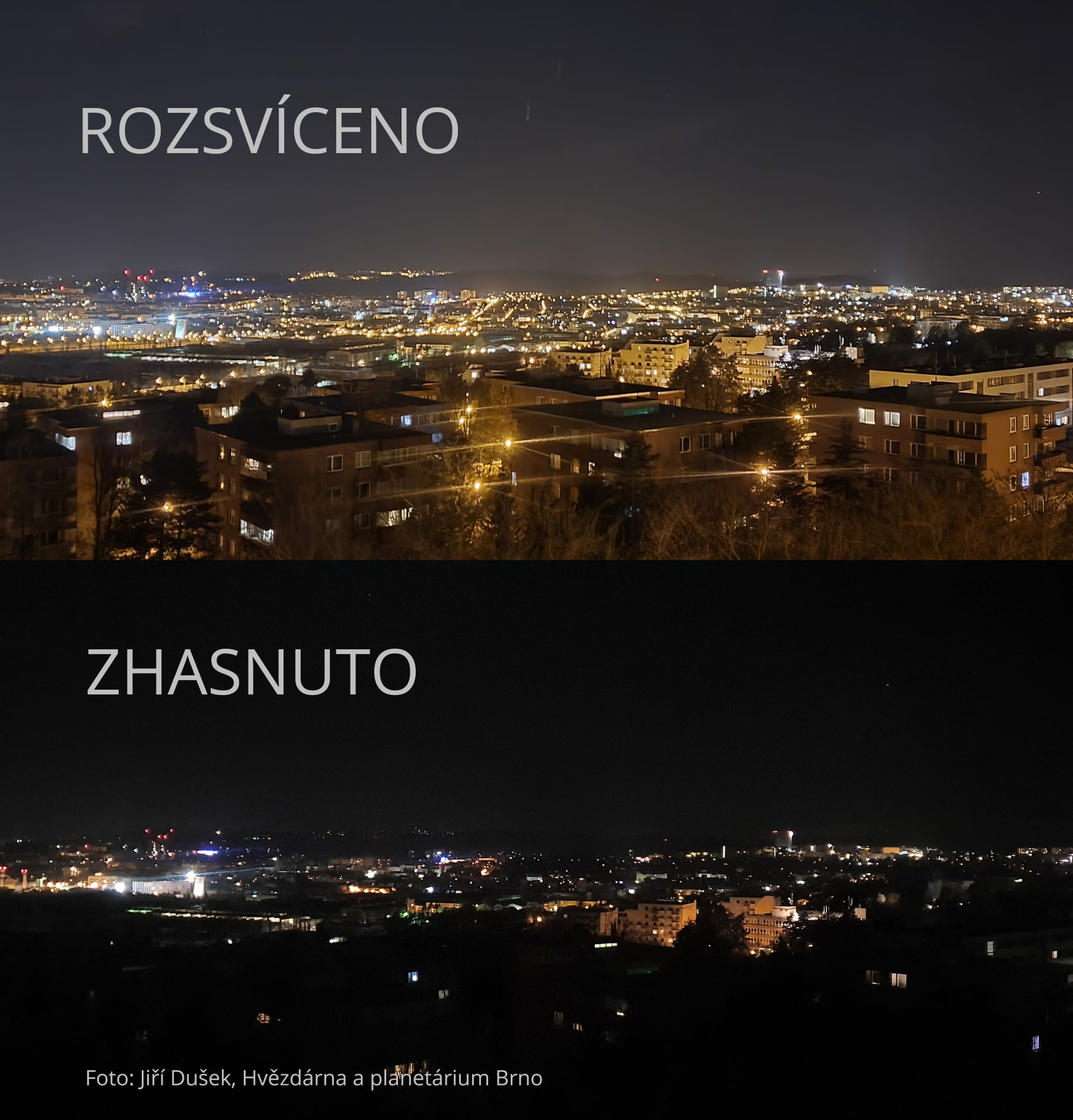 Srovnání roszvícené a zhasnuté veřejné osvětlení Brna. Foto: Jiří Dušek