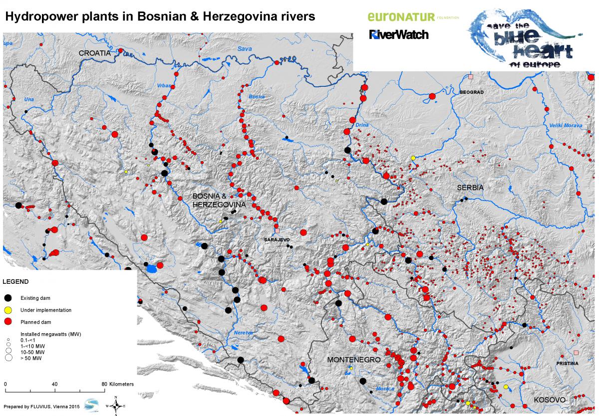 Mapa vodních projektů v Bosně a Herzegovině. Zdroj riverwatch.eu