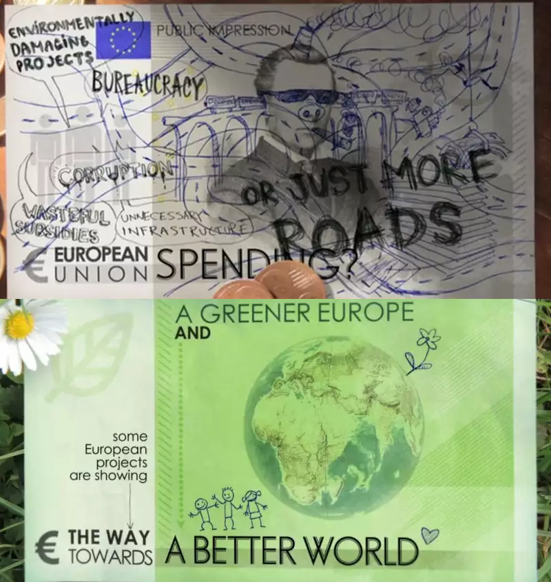 Ukázky popsaných bankovek z evropské kampaně "Well spent" za udržitelné využití fondů EU. Video je ke shlédnutí na stránkách http://wellspent.eu.