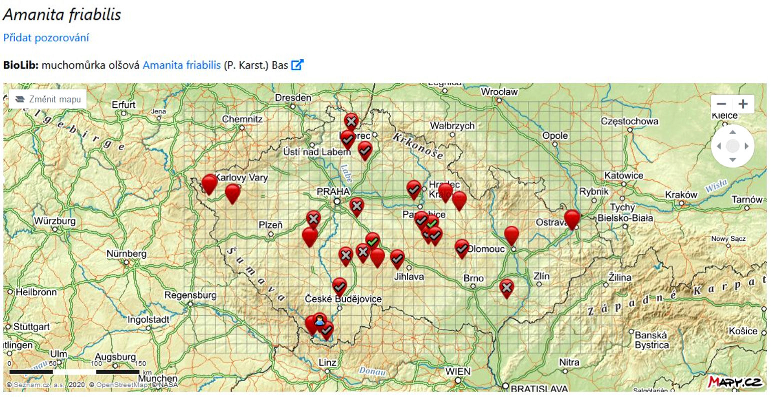 Ukázka z mapreport.biolib.cz: mapa nálezových dat s odlišením potvrzených a nepotvrzených výskytů a plánovaných návštěv.
